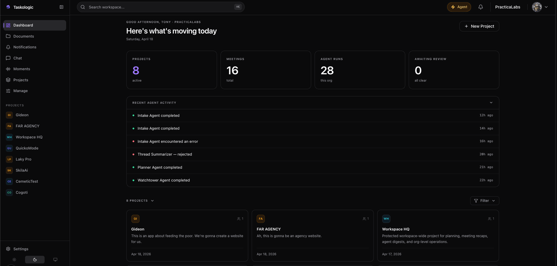 Taskologic workspace dashboard in dark mode